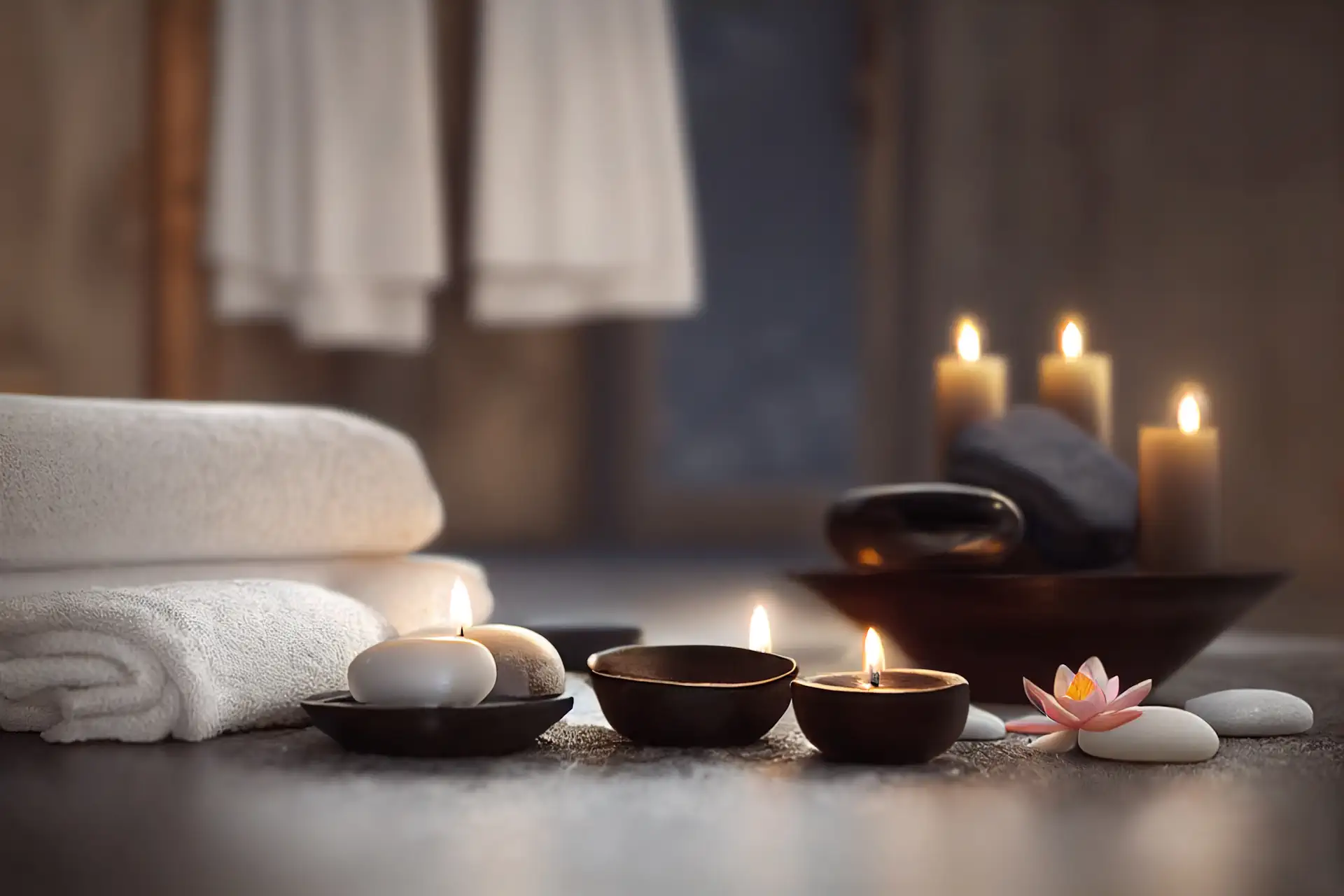 Composition with spa soft towels candles black hot stones lotus flowers wooden white floor close view spa concept romantic cozy
