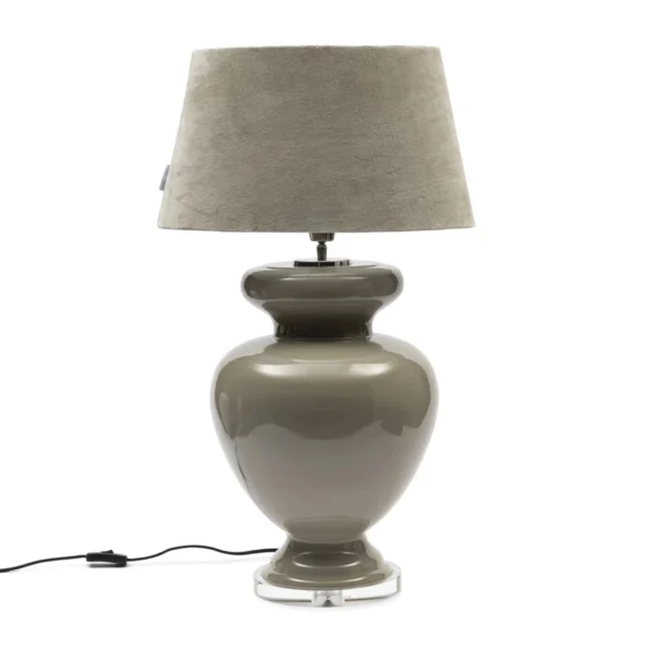 Oval lampeskærm i beige fløjl, 45x26 cm på brun lampefod