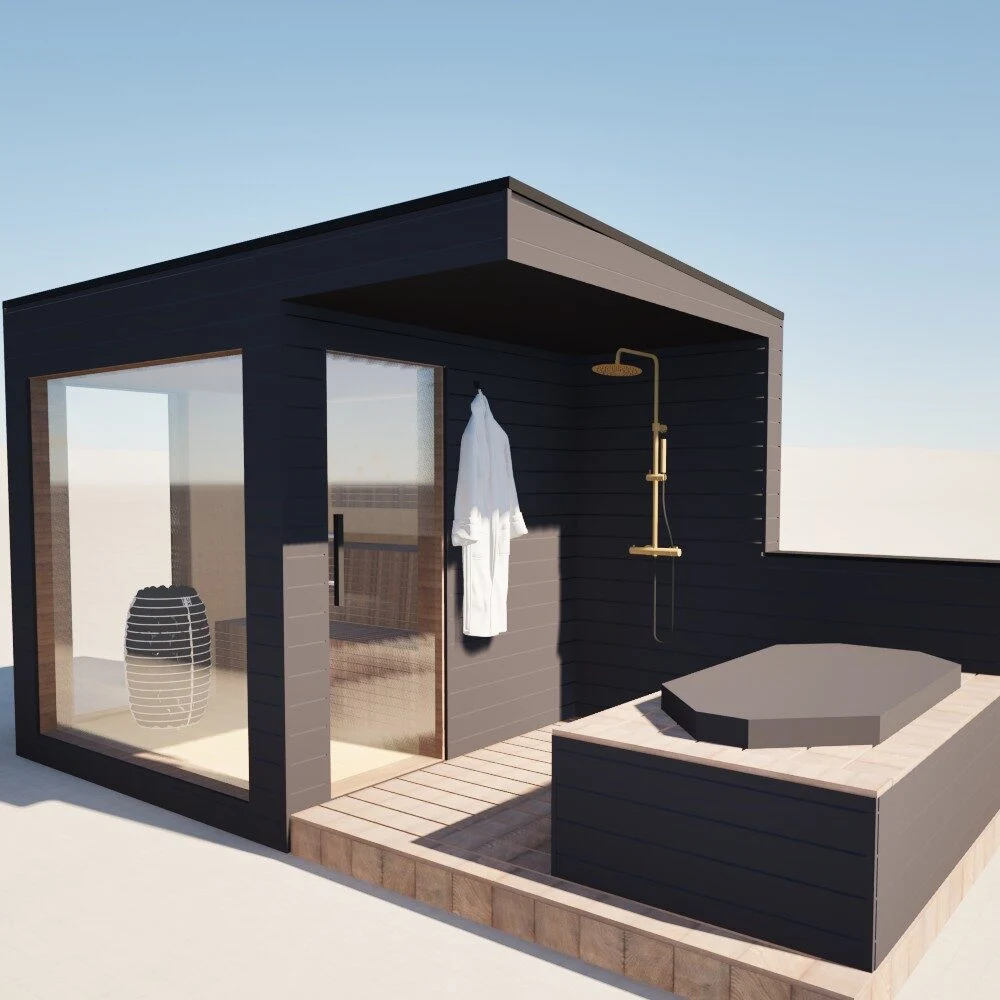 Sauna maya med indbygget koldtvandskar og udebruser