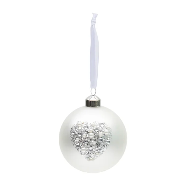 Hvid julekugle med glimmerhjerte på 8cm i diameter fra Rivièra Maison